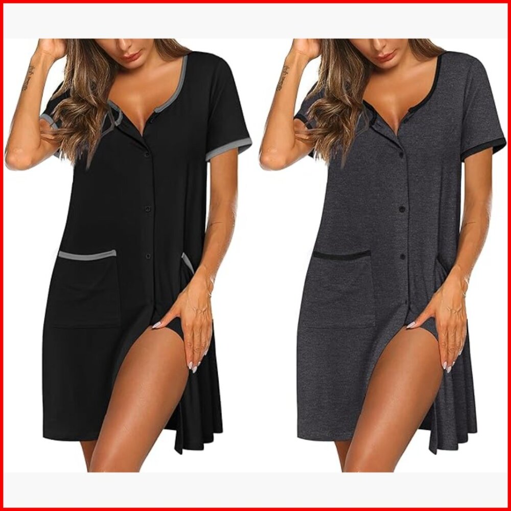 Button Down Sleep Shirt Nightgown with Pockets 2 Pack Soft Polyester Spandex